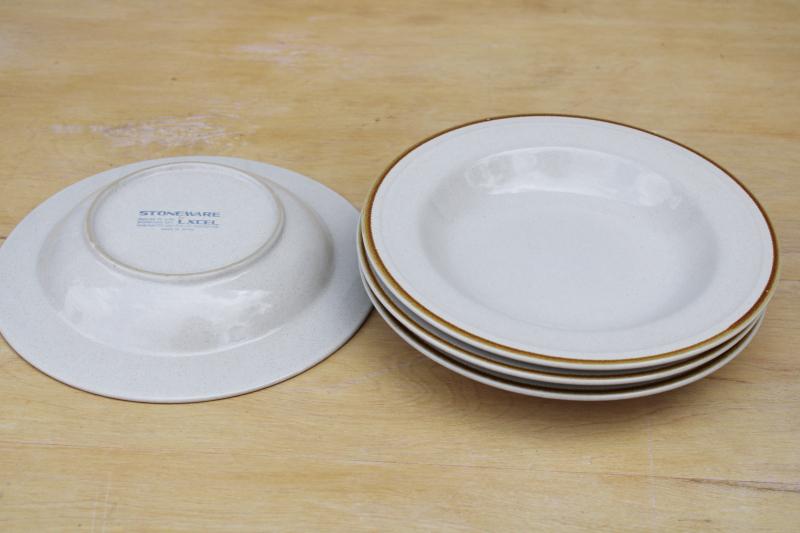vintage Excel Japan stoneware pottery dinnerware, plate rim soup bowls set of four 