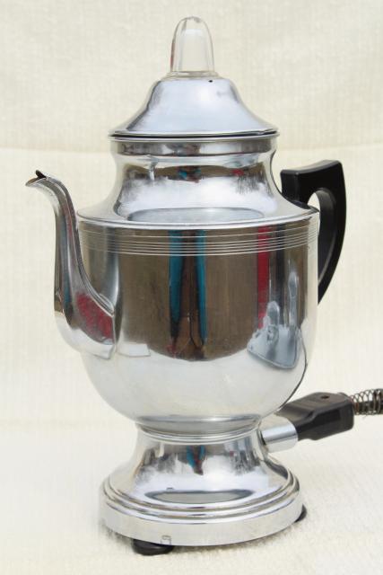 vintage Farberware deco chrome coffee set, electric percolator pot, cream & sugar, serving tray