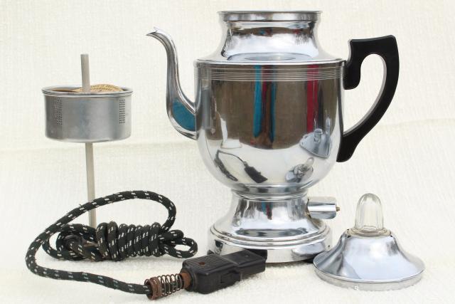 vintage Farberware deco chrome coffee set, electric percolator pot, cream & sugar, serving tray