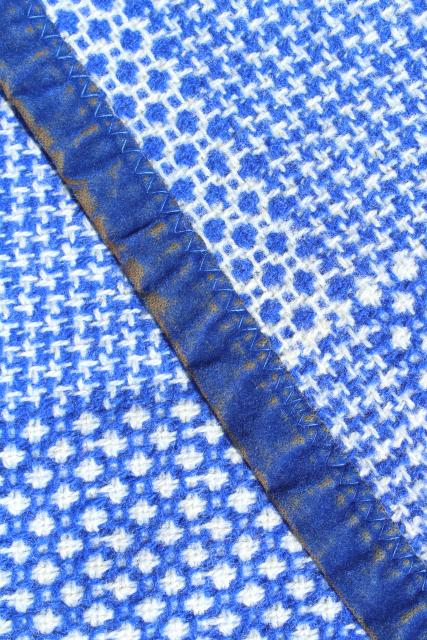 vintage Faribo blanket, blue & white checked squares woven wool bed blanket