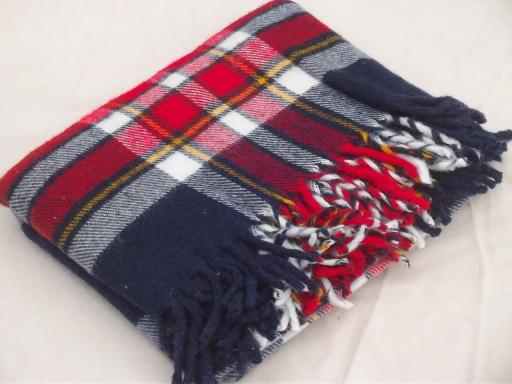 vintage Faribo camp blanket throw, soft acrylic red, blue & gold plaid 