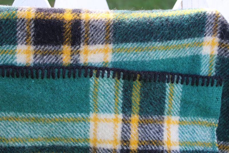 vintage Faribo wool camp blanket, plaid green gold black stadium blanket or throw