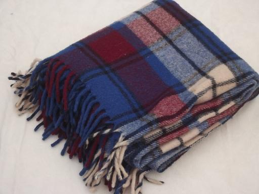 vintage Faribo wool camp blanket throw, blue & wine plaid wool blanket