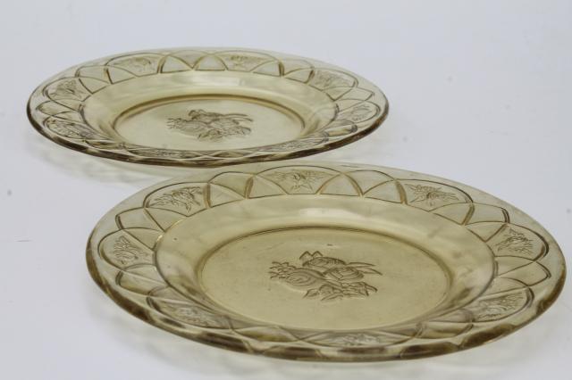 vintage Federal Dutch Rose / Rosemary amber yellow depression glass dishes set for two 