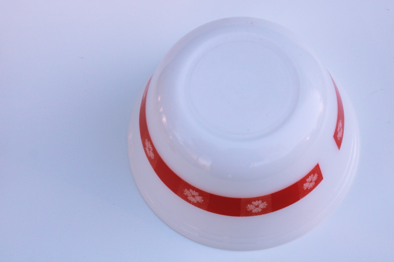 vintage Federal glass large mixing bowl, milk white w/ red picnic gingham checked pattern