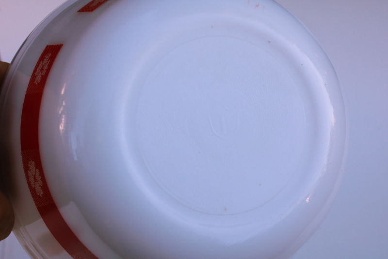 vintage Federal glass large mixing bowl, milk white w/ red picnic gingham checked pattern