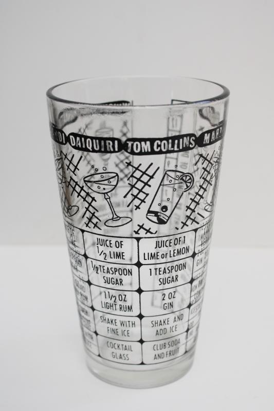 vintage Federal glass mixed drinks measure glass w/ cocktail recipes print, retro barware