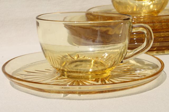 Vintage Federal Glass Star Pattern Dishes Yellow Amber Glass Dinner Plates Cups And Saucers Bowls 1610