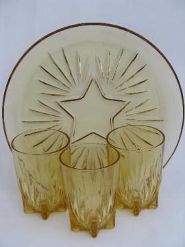 vintage Federal glass, yellow depression star pattern tumbler glasses & plate