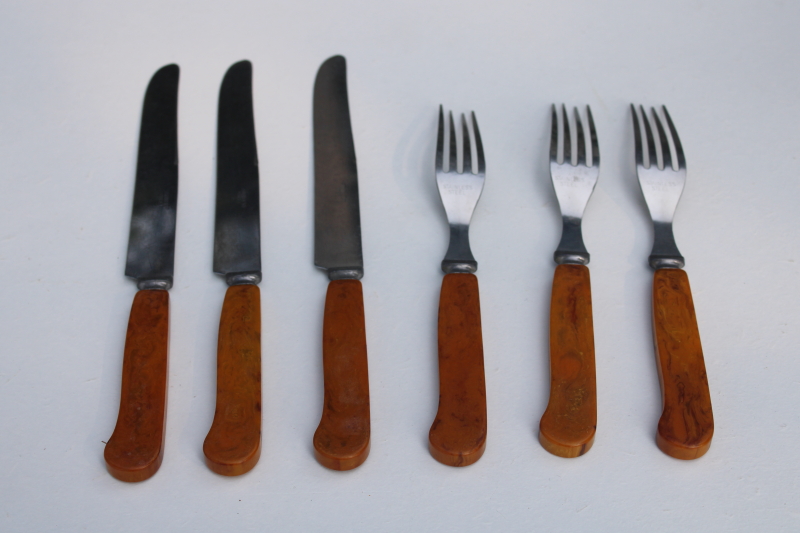 vintage Federal stainless butterscotch bakelite handle forks table knives, art deco flatware