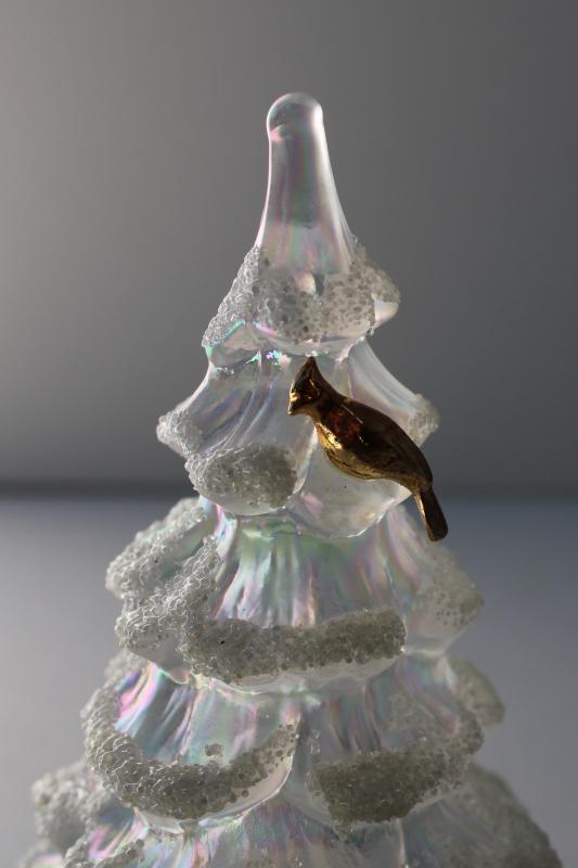 vintage Fenton Christmas tree w/ flocked snow, opalescent luster glass w/ gold bird