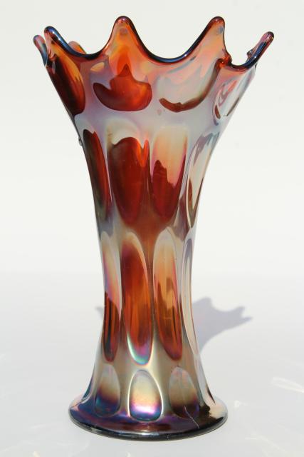 vintage Fenton amethyst carnival glass vase, long thumbprint swung shape art glass