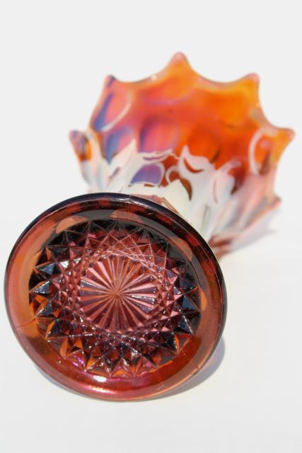 vintage Fenton amethyst carnival glass vase, long thumbprint swung shape art glass