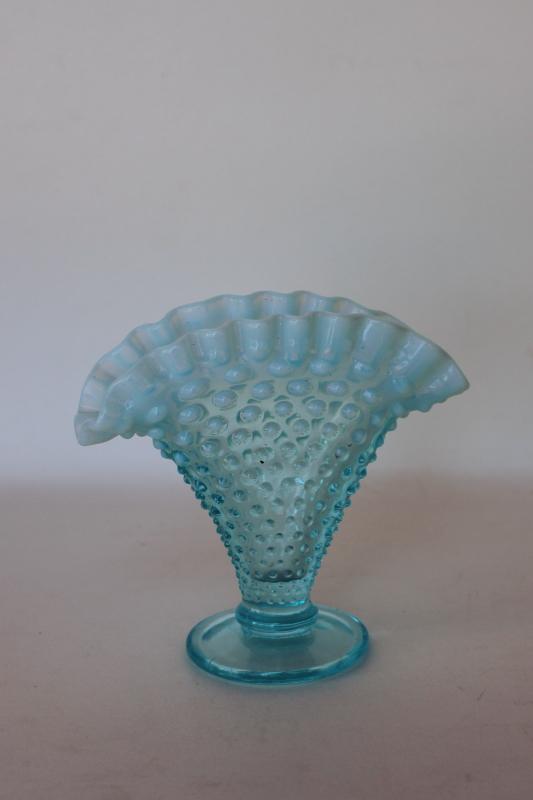Vintage Fenton Blue Opalescent Glass Fan Vase Hobnail Pattern Glass