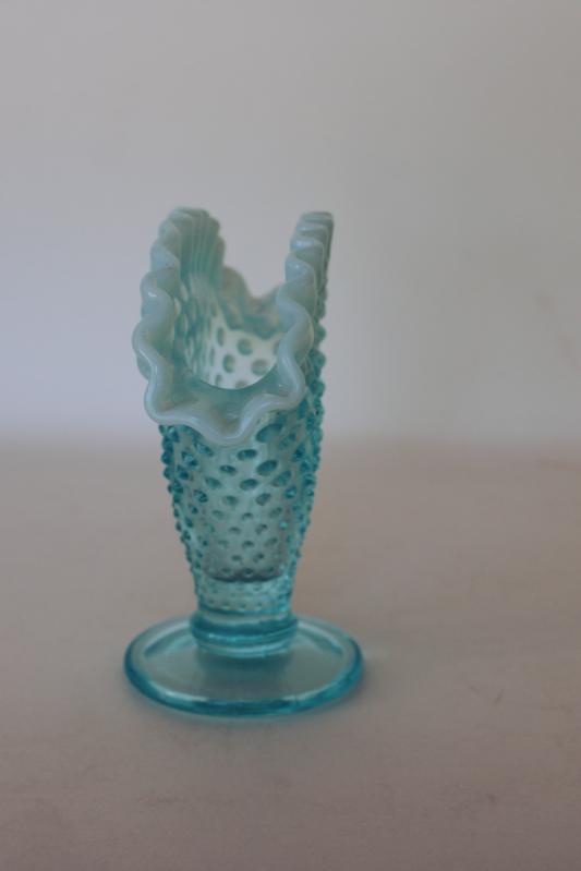 vintage Fenton blue opalescent glass fan vase, hobnail pattern glass