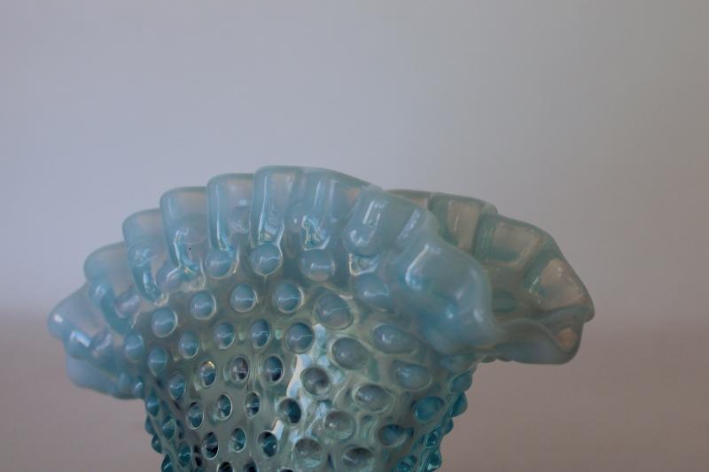 vintage Fenton blue opalescent glass fan vase, hobnail pattern glass