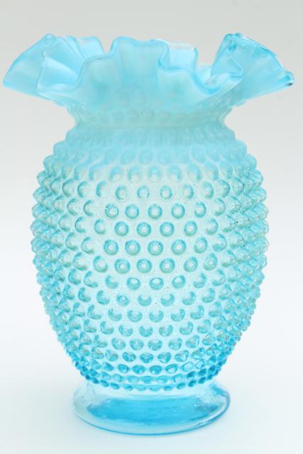 vintage Fenton blue opalescent hobnail glass, large flower vase w/ crimped ruffle