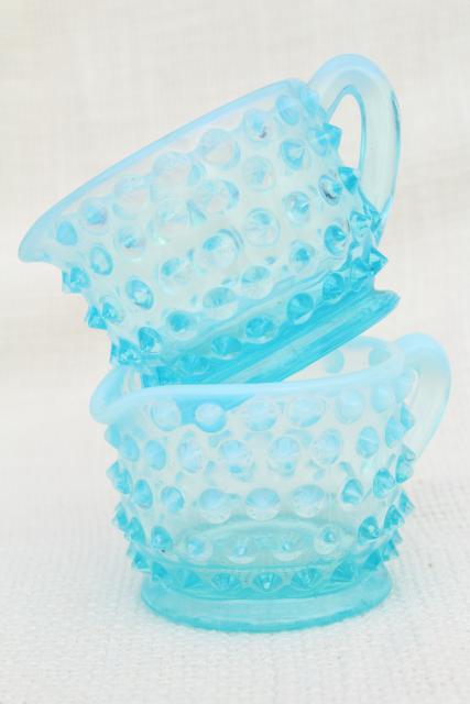 vintage Fenton blue opalescent hobnail glass mini creamers, tiny cream pitchers