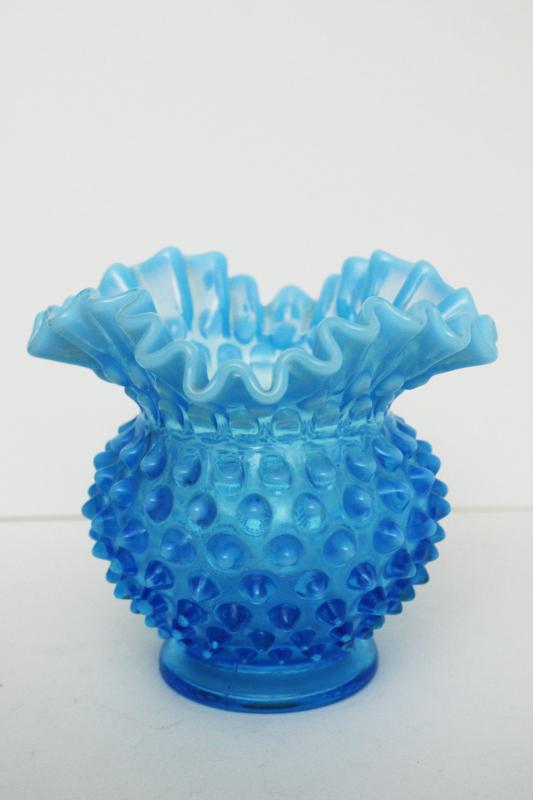 vintage Fenton blue opalescent hobnail glass vase, double crimped round shape