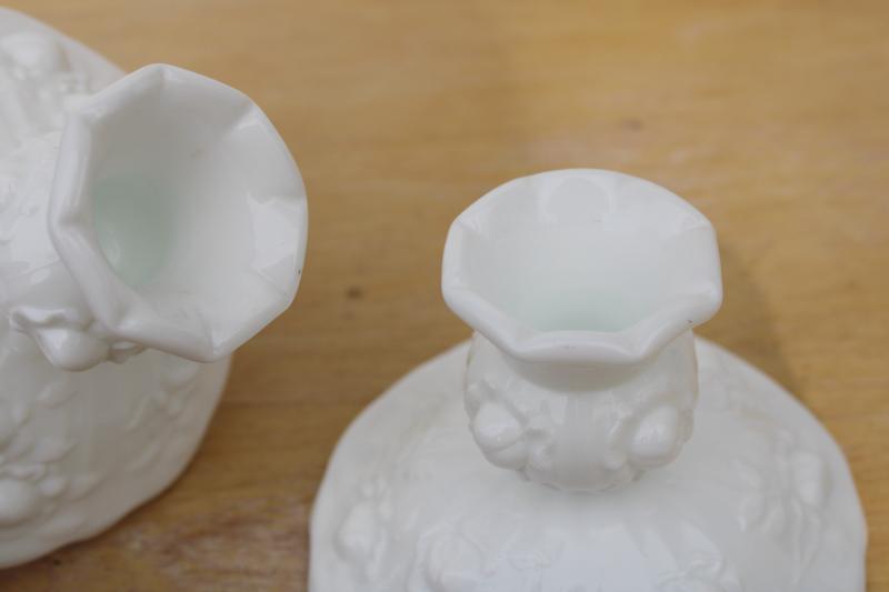 vintage Fenton cabbage rose milk glass candlesticks, pair of candle holders roses pattern