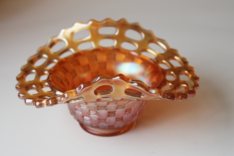 vintage Fenton carnival glass basketweave bowl w/ open lace edge, marigold color