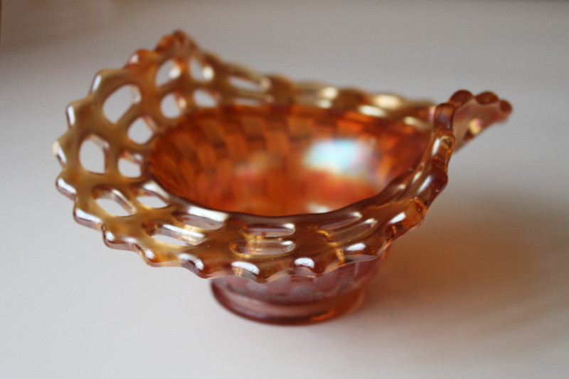 vintage Fenton carnival glass basketweave bowl w/ open lace edge, marigold color