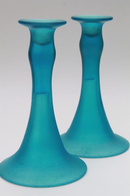 vintage Fenton celeste blue flower bowl & candle sticks, steuben blue stretch glass console se