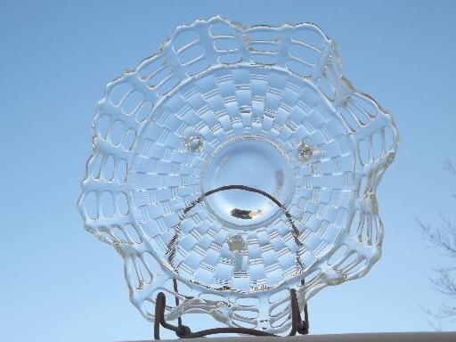 vintage Fenton clear pressed glass lace edge basket weave footed bowl 