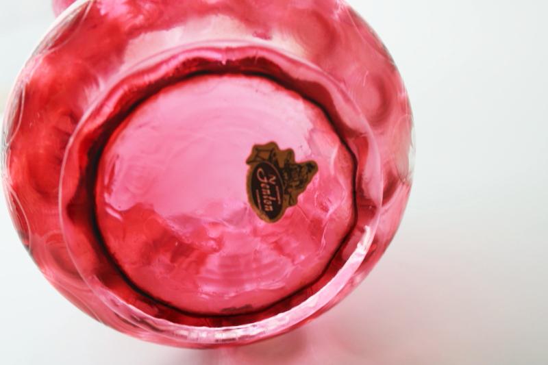 vintage Fenton cranberry glass basket, hand blown inverted thumbprint dot optic coin spot