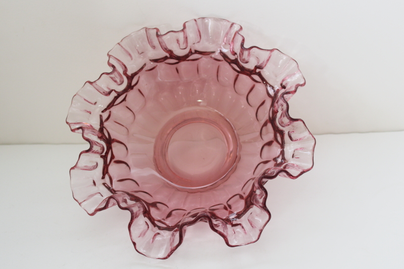 vintage Fenton cranberry glass bowl thumbprint pattern hand blown crimped glass