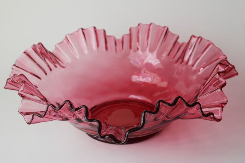 vintage Fenton cranberry glass brides basket bowl, large centerpiece crimped diamond optic