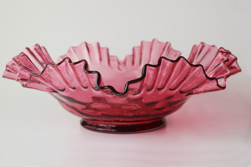 vintage Fenton cranberry glass brides basket bowl, large centerpiece crimped diamond optic