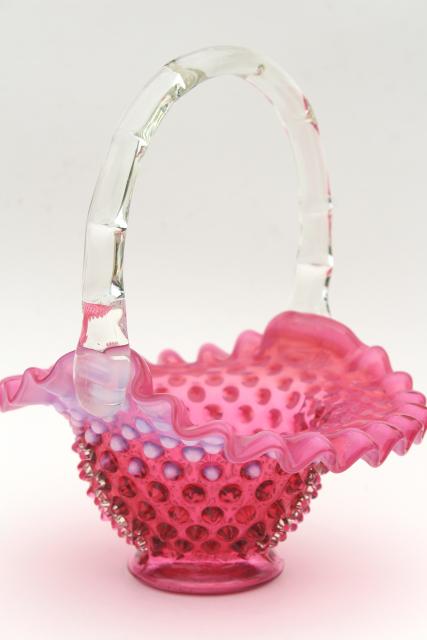vintage Fenton cranberry opalescent glass brides basket, hobnail pattern glass