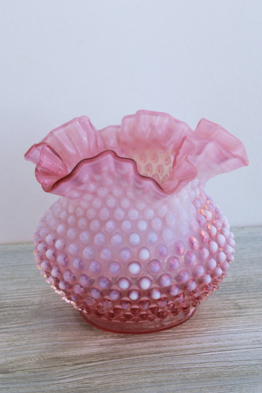 vintage Fenton cranberry opalescent glass hobnail rose bowl vase