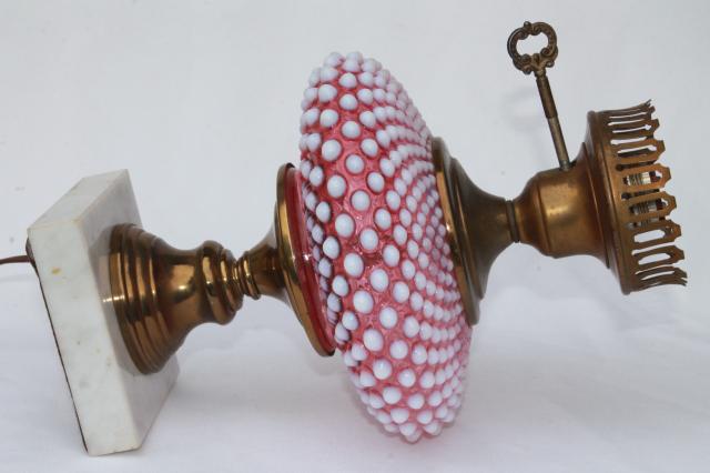 vintage Fenton cranberry opalescent hobnail glass table lamp w/ chimney shade