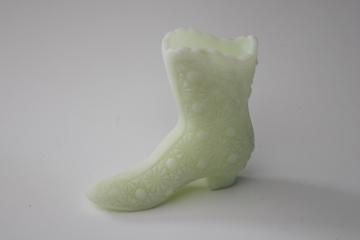 vintage Fenton custard glass ladys boot shoe figurine or vase, green glow uranium glass