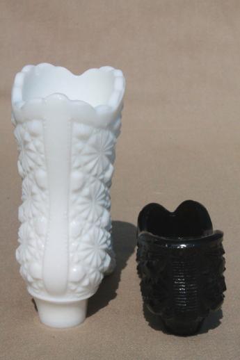vintage Fenton daisy & button glass lady's slipper shoe & boot, black glass & milk glass