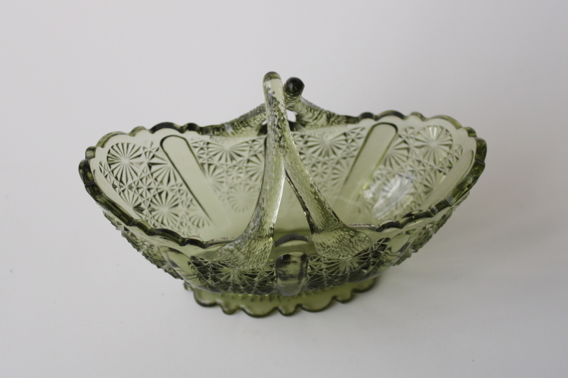 vintage Fenton daisy  button pattern glass basket, colonial green
