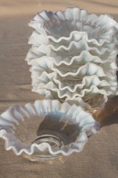 vintage Fenton french opalescent glass bonbon dishes, moonstone white edged crimped ruffled bowls