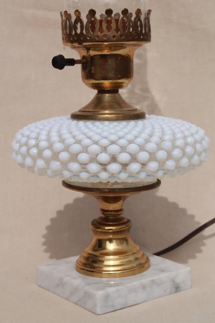 vintage Fenton french opalescent hobnail moonstone glass table lamp w/ chimney shade