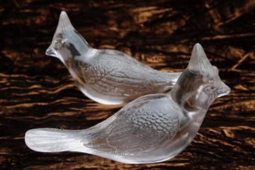 vintage Fenton glass bird blue jay figurines, pair of clear glass jays