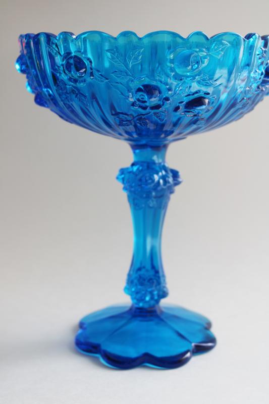 vintage Fenton glass cabbage rose pattern compote bowl, blue glass candy dish