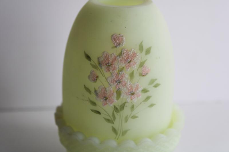 vintage Fenton glass fairy light, signed hand painted candle lamp custard satin glass