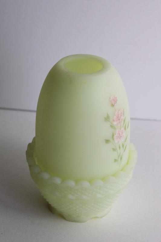 vintage Fenton glass fairy light, signed hand painted candle lamp custard satin glass