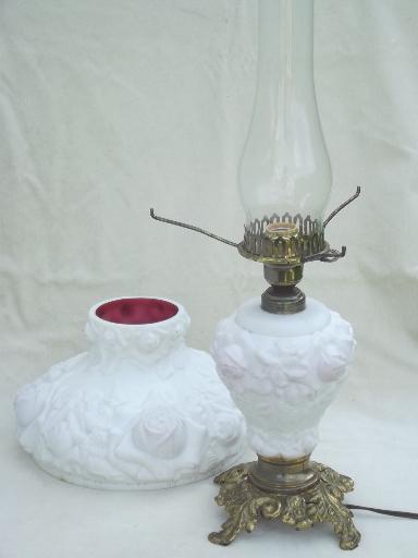 vintage Fenton glass lamp, puffy roses cranberry cased white milk  glass lamp 