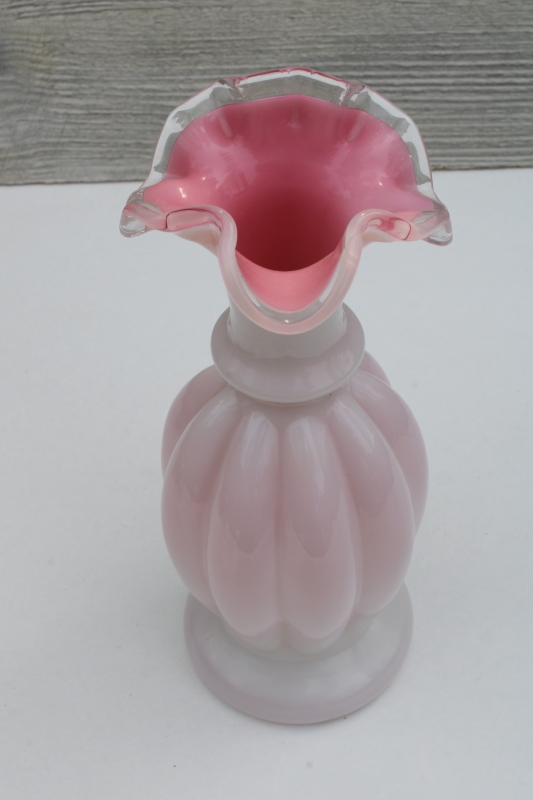 vintage Fenton glass silver crest peach blow rose pink  milk white cased glass pitcher vase