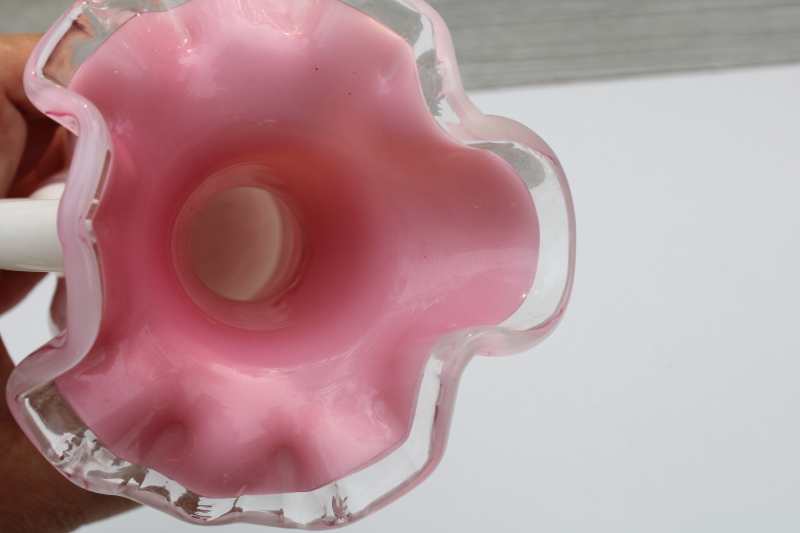vintage Fenton glass silver crest peach blow rose pink  milk white cased glass pitcher vase