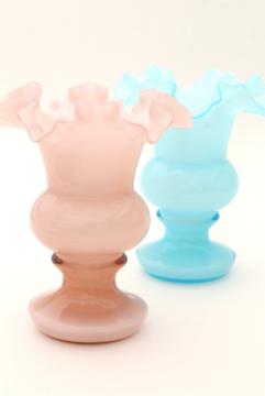 vintage Fenton glass trophy vases, pair baby blue & pink overlay cased glass