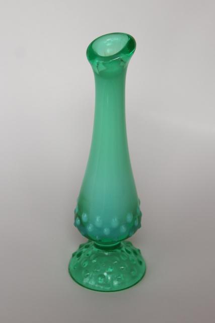 vintage Fenton green opalescent glass hobnail pattern bud vase