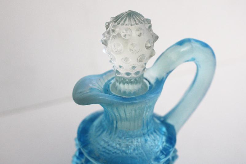 vintage Fenton hobnail glass, blue opalescent cruet pitcher w/ clear glass stopper